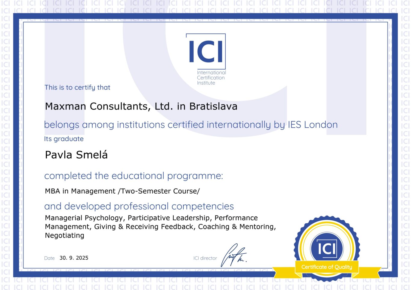 MBA certifikat klienta